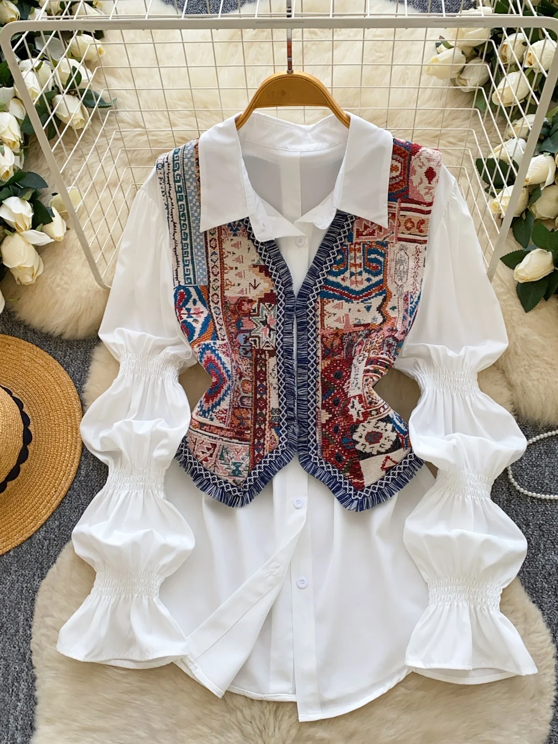 

French Sle Bubble Sve irt Single Button Women's Inner Wear Two Piece Set Autumn Faion Casual Breathable Polyester