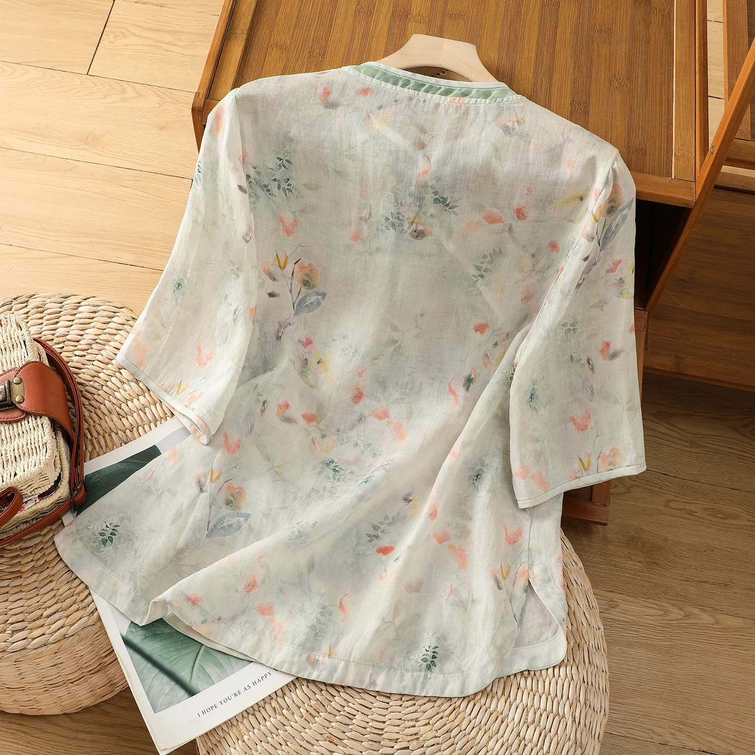 Summer Floral Cotton Linen ort Sve irt Women's Commute Casual Loose Fit Stand Collar Zen Sle Top Chinese New Sle