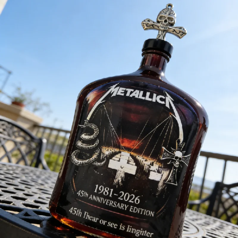 Metallica 45th Anniversary Limited Edition Whiskey Decanter - Rock Band Collectible Glass Bottle with Skull Cross Decor Gift