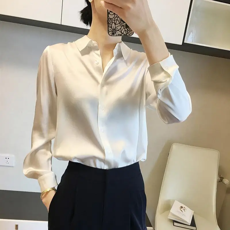 Fashion Lapel Button Solid Color Satin Shirt Women Clothing 2023 Spring New Loose Commute Tops All-match Casual Blouse