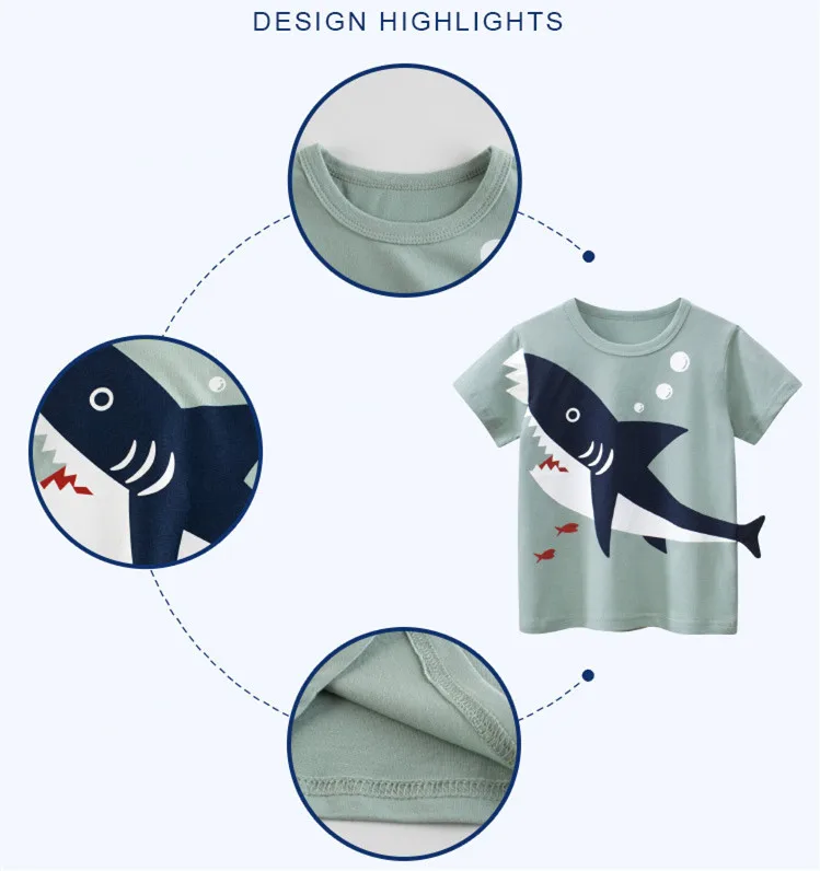 2022 Children Clothing for Boys 100% Cotton Lovely 3D Sharks Dinosaur Cartoon  Short Sleeve T-Shirts Kids Casual Sport Tees Tops