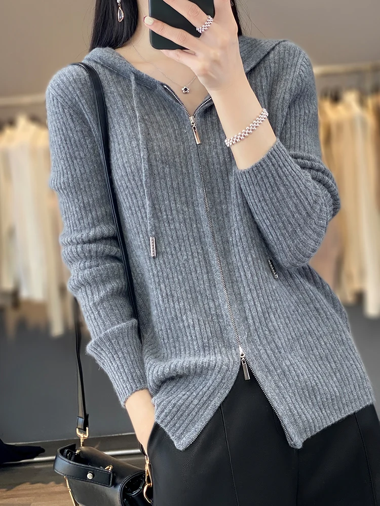 Herbst Winter Damen Kapuze Reiß verschlüsse Pullover Strickjacken 100% Merinowolle Strickwaren gestreift Kaschmir schick warm Langarm Tops neu