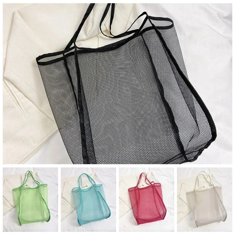 Fashion Large Capacity Beach Bag Solid Color New Style Transparent Mesh Bag Sports Shoulder Pouch Tote Handbag Girls