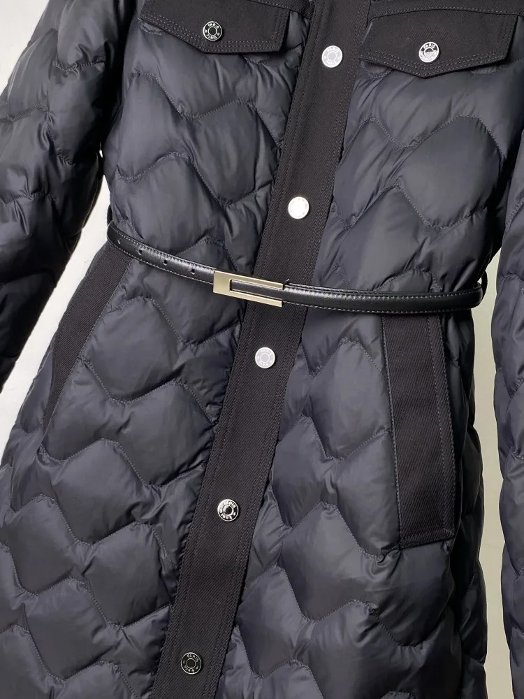 Wysokiej jakości damska kurtka puchowa jednorzędowa z paskiem, ciepła długa kurtka z kołnierzem, elegancka odzież biurowa, streetwear, casualowy płaszcz.