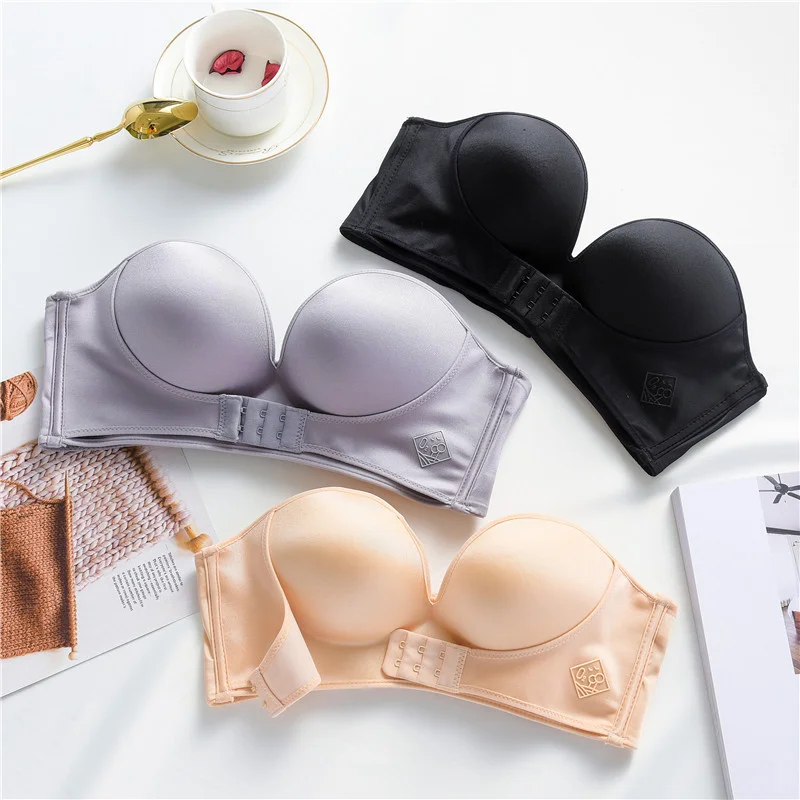 1/2 Cup Push Up Bra Front and Behind Buckle Underwear Women Sexy Deep V Strapless Stealth Brassiere Wire Free Thicken Lingerie