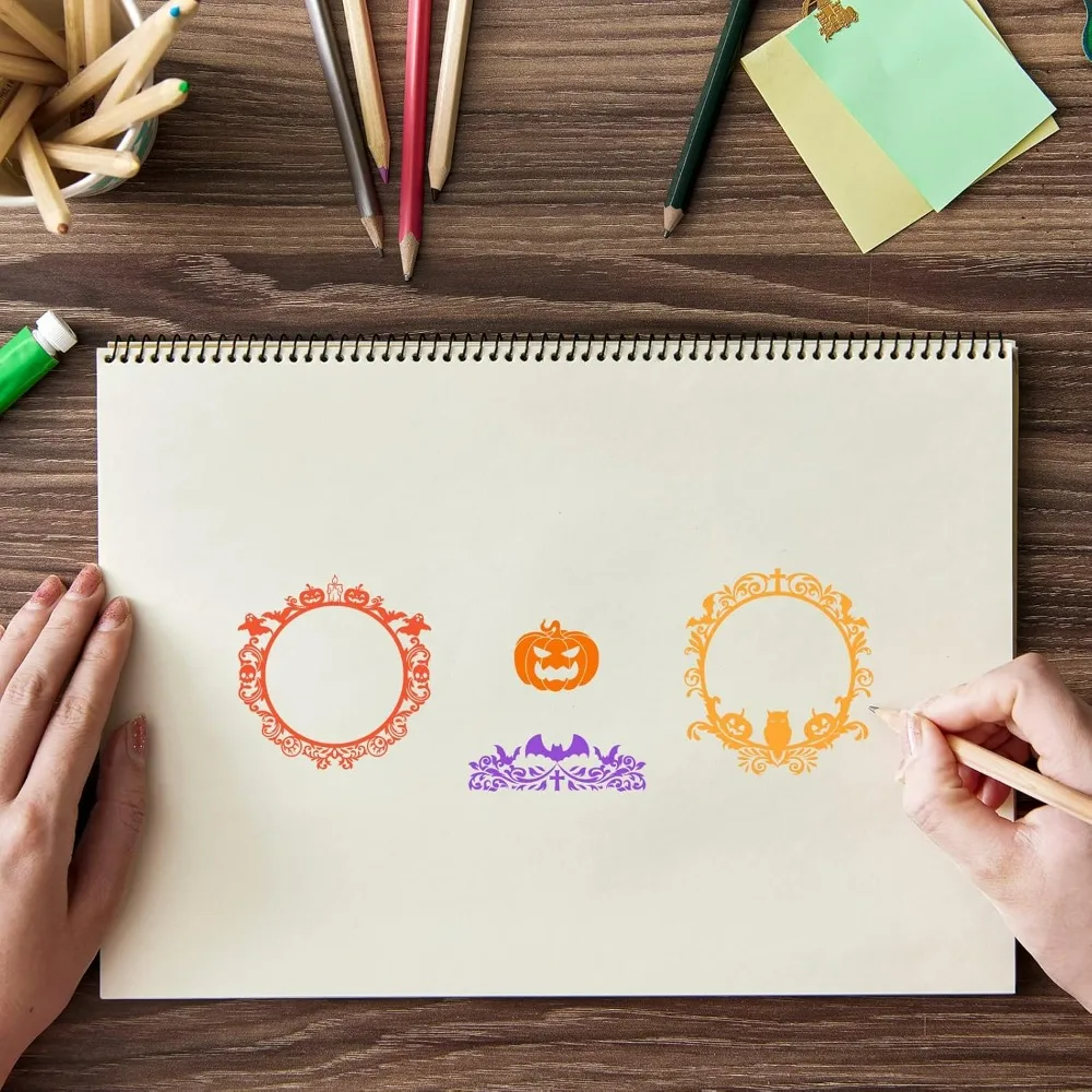 Pumpkins and Skull Silicone Clear Stamp Round Frames Transparent Silicone Stamp Floral Border Edge Rubber Stamp for Scrapbook