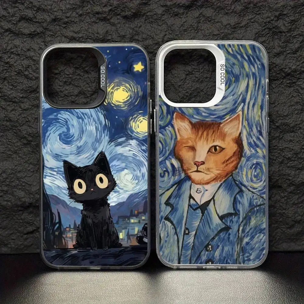 

Van ART G-Gogh Funny Cat Phone Case For iPhone 17 16 15 14 13 12 11 Pro Max Plus Silver Matte Black Cover