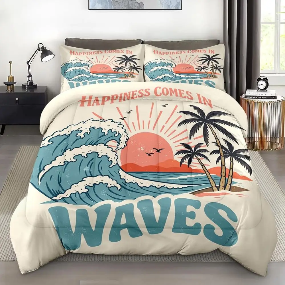 

Queen Size Summer Beach 3-Piece Bedding Set for Kids and Adults, Vintage Palm Tree Comforter with 2 Pillowcases
