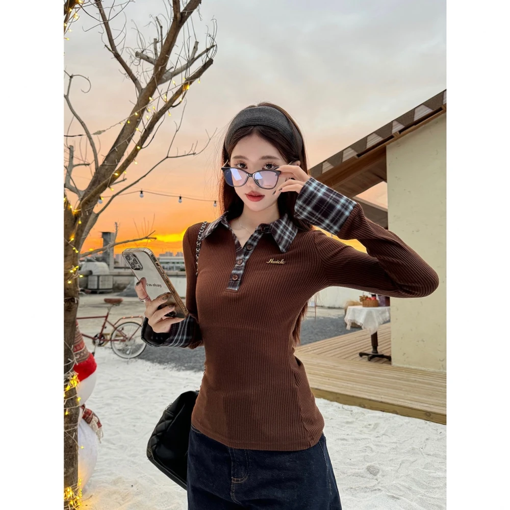 plus Size Red Knitwear Splicing Slim Fit Women's Style New Year's Atmosphere Clothing Korean Version Long Sleeve T-Shirt