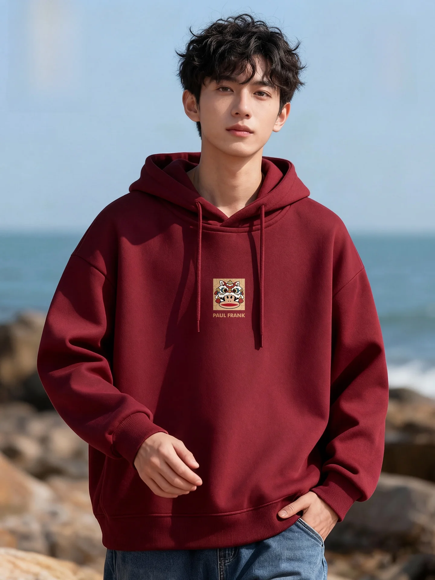 

Red Wine Color Hoodie Men's New Year Clothing Monkey Face Print Casual Sweatirt Breathable And Wear-Resistant