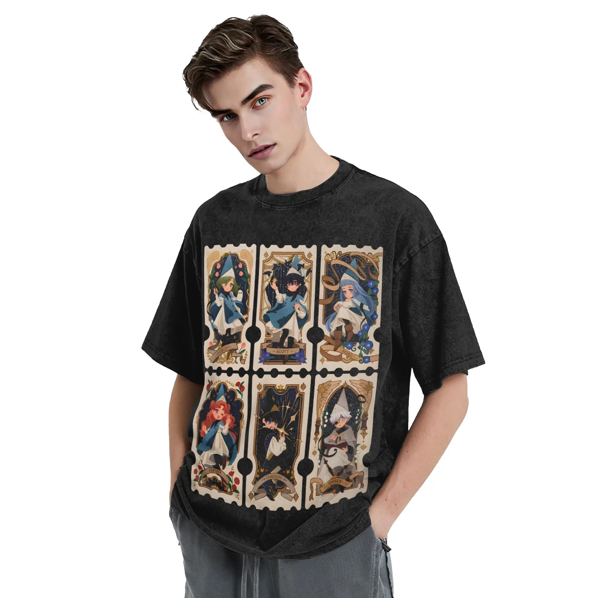 Witch Hat Atelier Characters Vintage Tarot Frame Washed T Shirt Streetwear T-Shirt Tees for Men Women 100% Cotton Oversize
