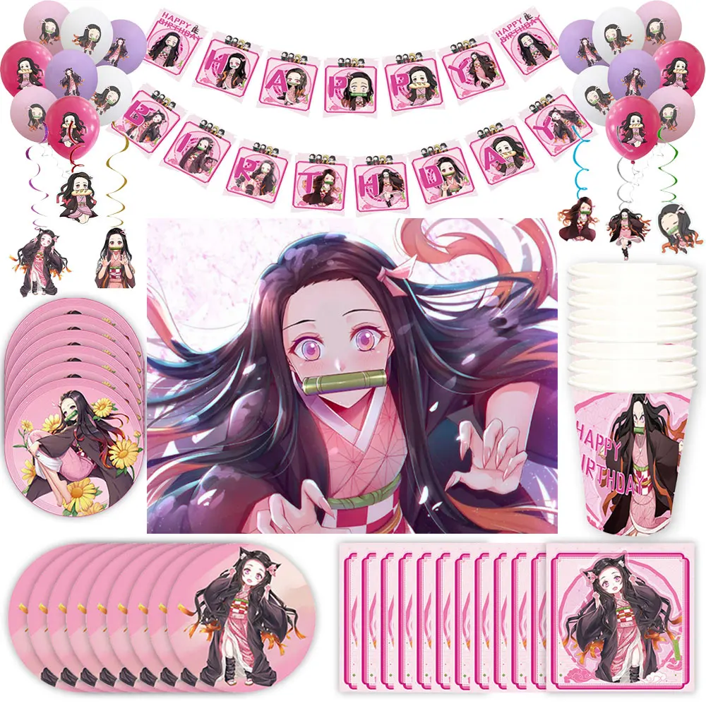 Demon Slayer Kamado Nezuko Party Decor Disposable Tableware Cup Plate Cake Topper Balloon Banner Background Girl Birthday Gift