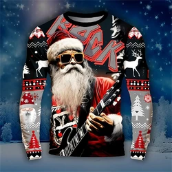 2024 New Rock Santa Graphic Long T Shirt Men Fashion Casual 3D Printed Long Sleeve New Year Round Neck Shirt Fall Men Clothing