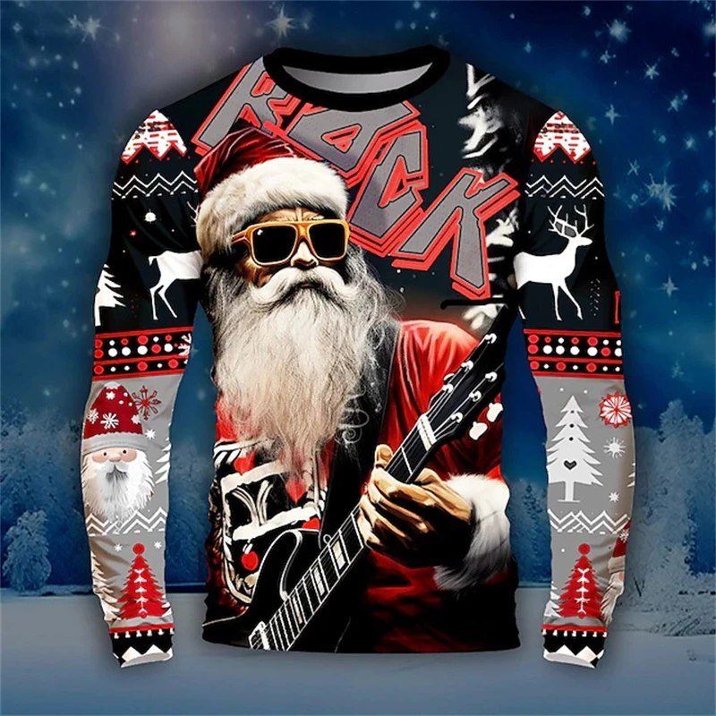 2024 New Rock Santa Graphic Long T Shirt Men Fashion Casual  3D Printed Long Sleeve New Year Round Neck Shirt Fall Men Clothing