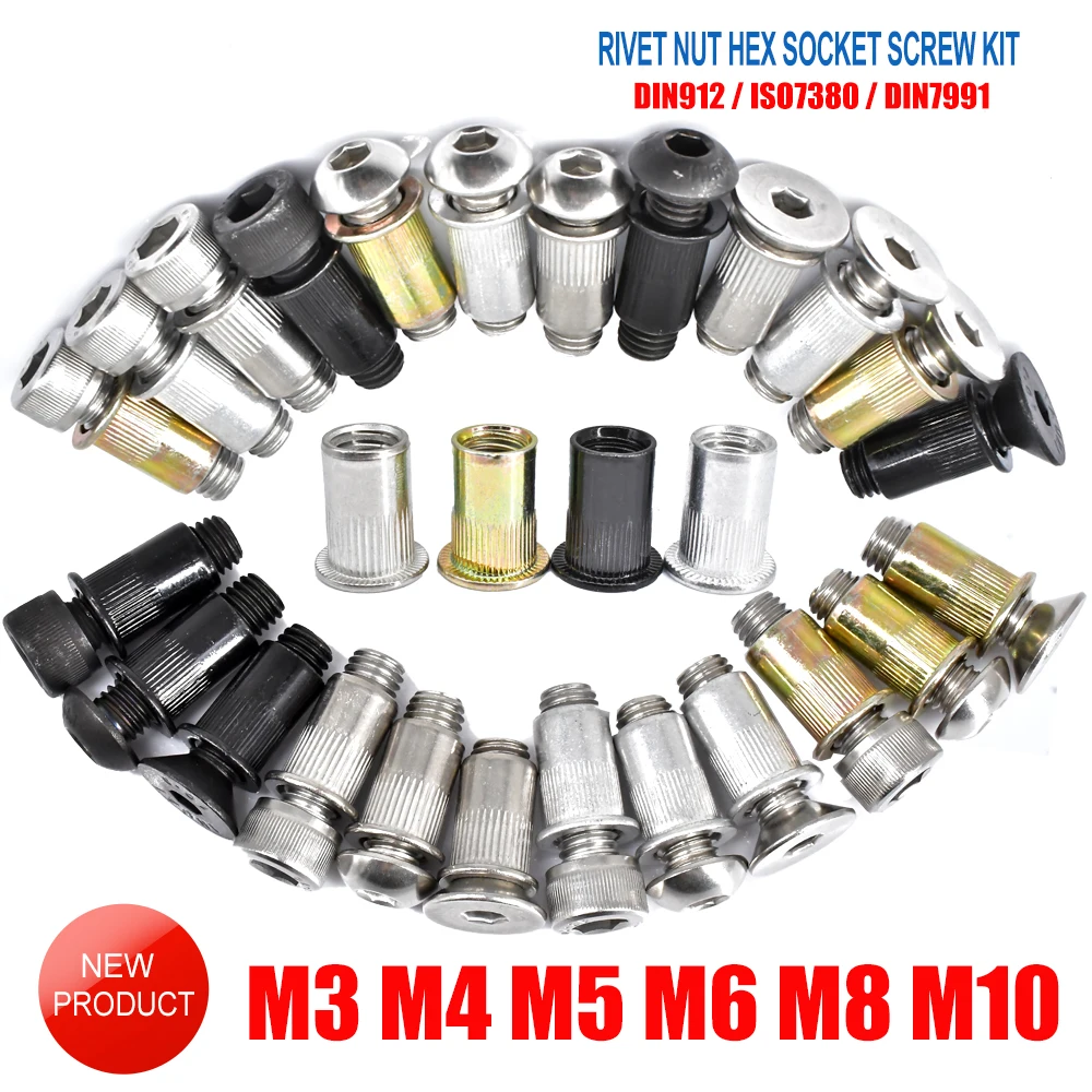M3 Rivet Nut Black Carbon Steel M6 Socket Hex Screw Pop Nut Kit DIN912 304 Stainless Steel DIN7991 Allen Bolt ISO7380 M4M5M8M10