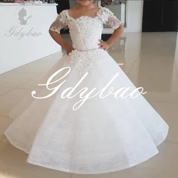 Elegant Flower Girl Dresses Lace Applique Half sleeve Tulle O-Neck Girls First Communion Dress For Ceremony Birthday Party Dress