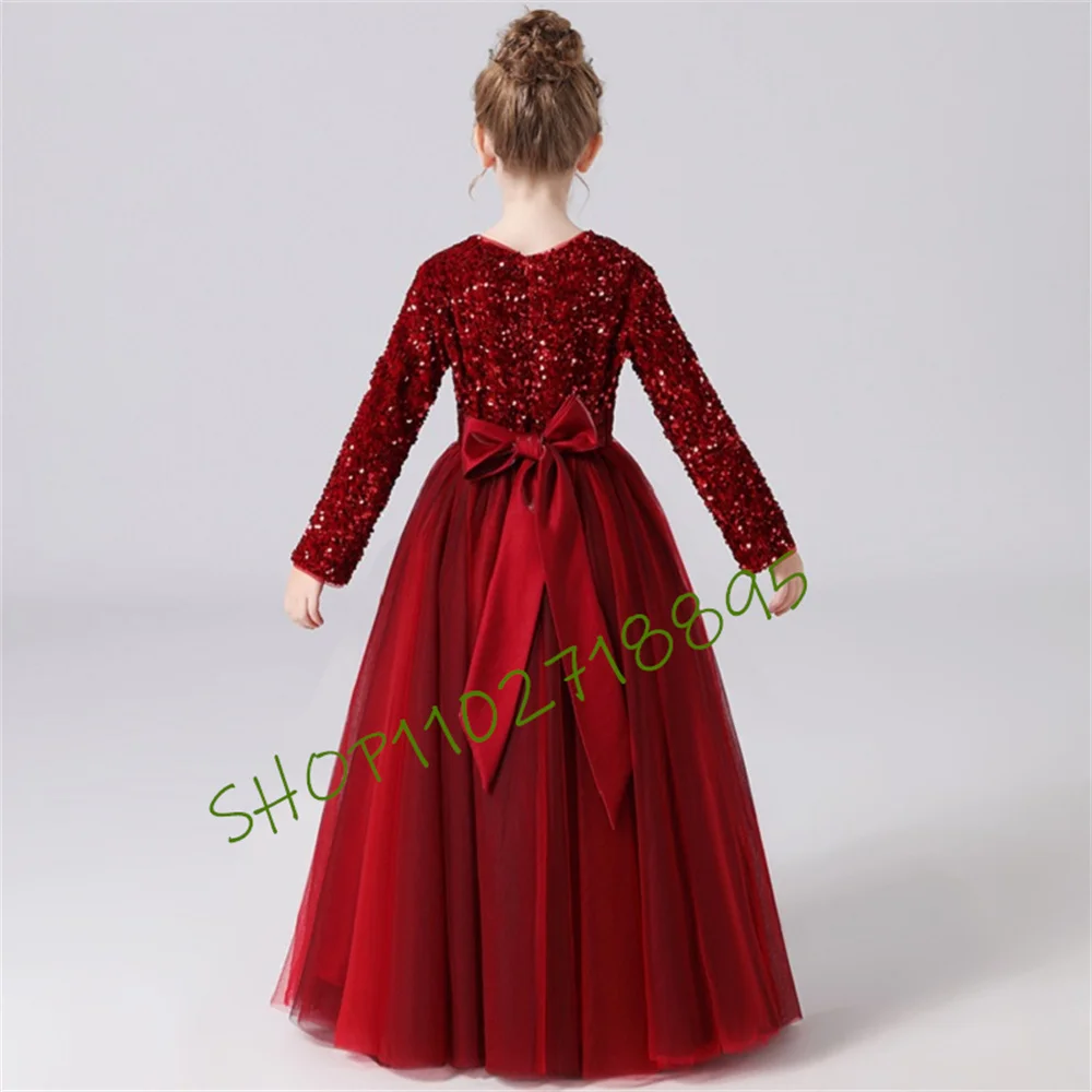 

Sequin Tulle Long Sleeves Junior Bridesmaid Dress Flower Girl Dresses Puff Skirt Girls Pageant Evening Party Gown