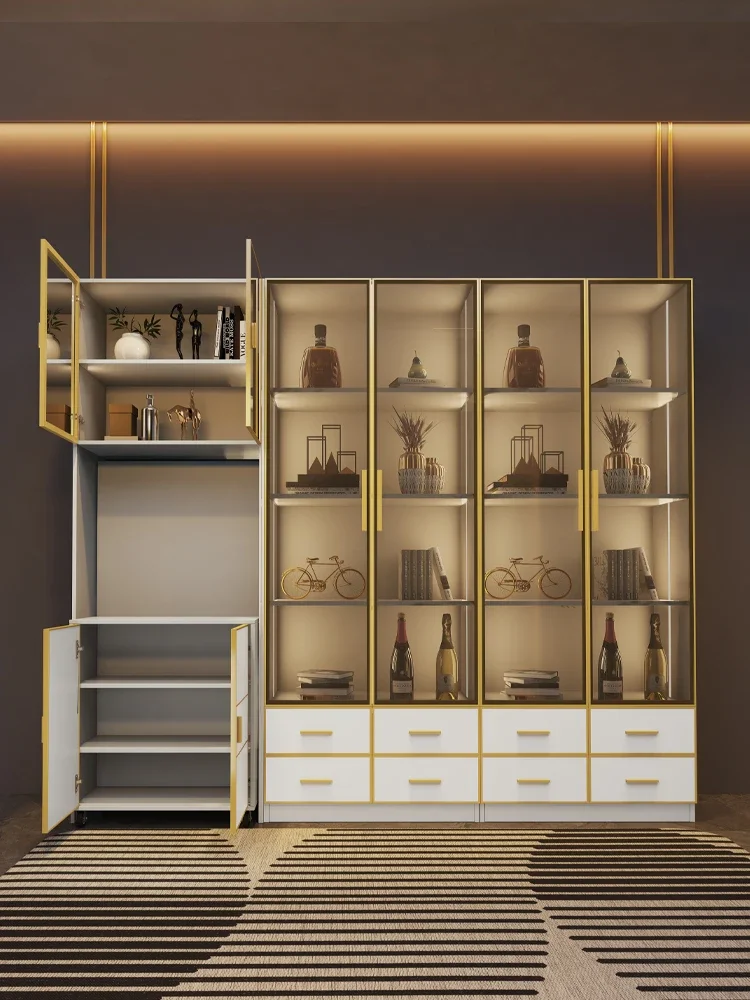 

Storage Bookcase Display Cabinet In Living Room Is Light and Luxurious, with Glass Three-door Desk Integrated with Wall and Free