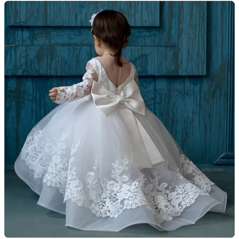 Baby Baptism White Flower Girl Dresses Tulle  Appliques With Bow Long Sleeve For Wedding Birthday Holy Communion Gowns