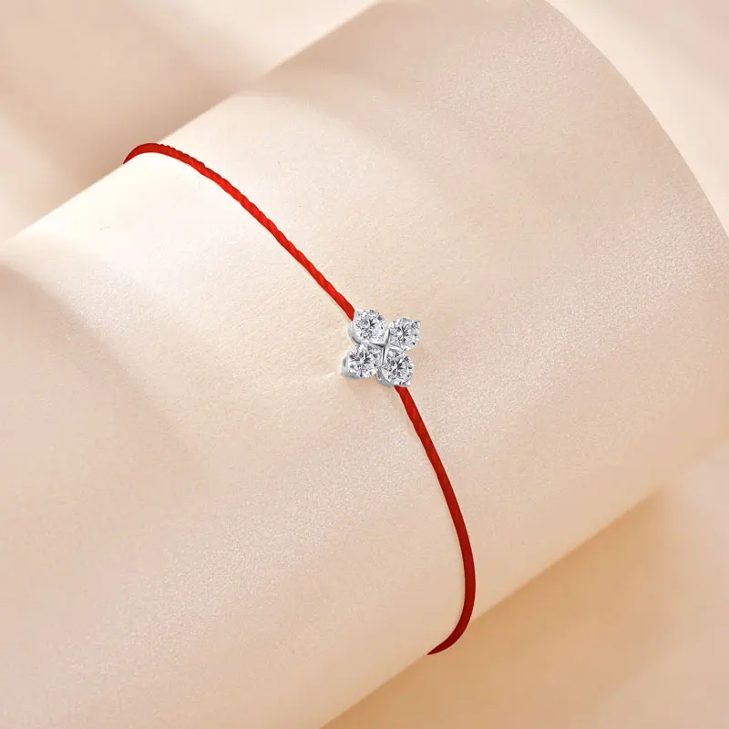 

RAPRGOLD 925 Sterling Silver Moissanite Blue Red String Four-Leaf Clover Twine Bracelet Rope for Women Wedding Fine Jewelry Gift