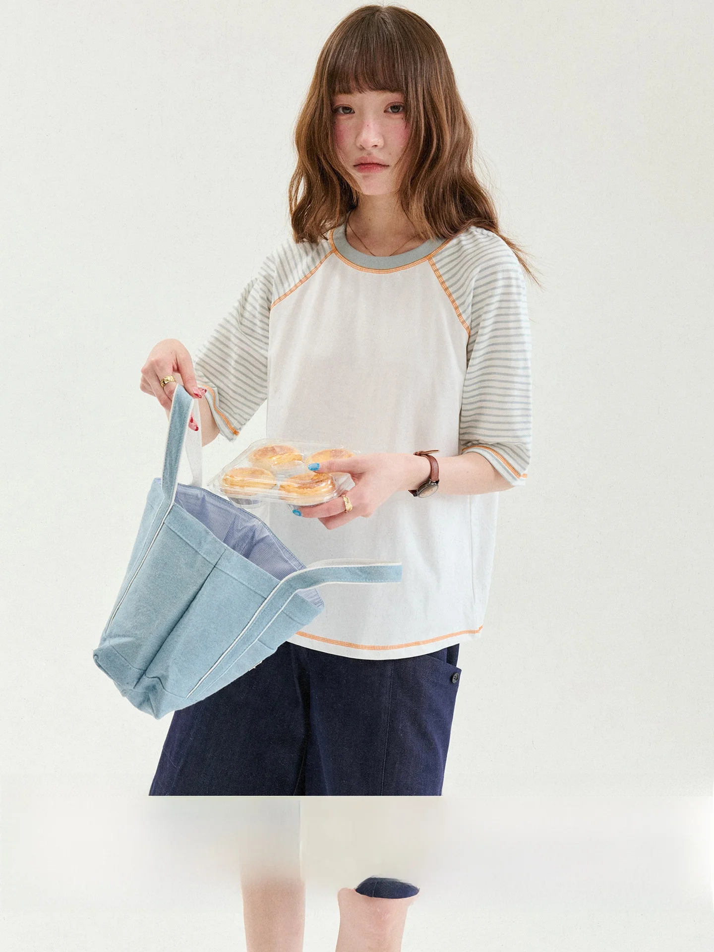 Loose Women's T-shirt AMUU Original Japanese Stripe Shoulder Insert Half Sleeve round Neck Summer New Style Versatile Cotton ...