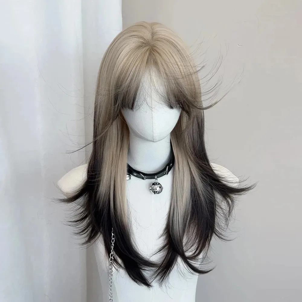 Многослойный блондинка с омбре, черный синтетический длинный прямой парик, женский пушистый парик для косплея