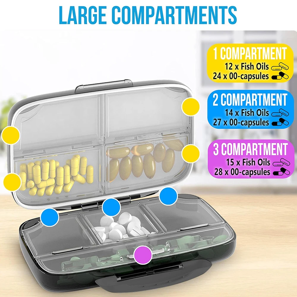 1PCS Travel Pill Organizer, 8 Compartments Portable Pill Case,Big Pill Box for Pocket Purse Portable Medicine Vitamin Container