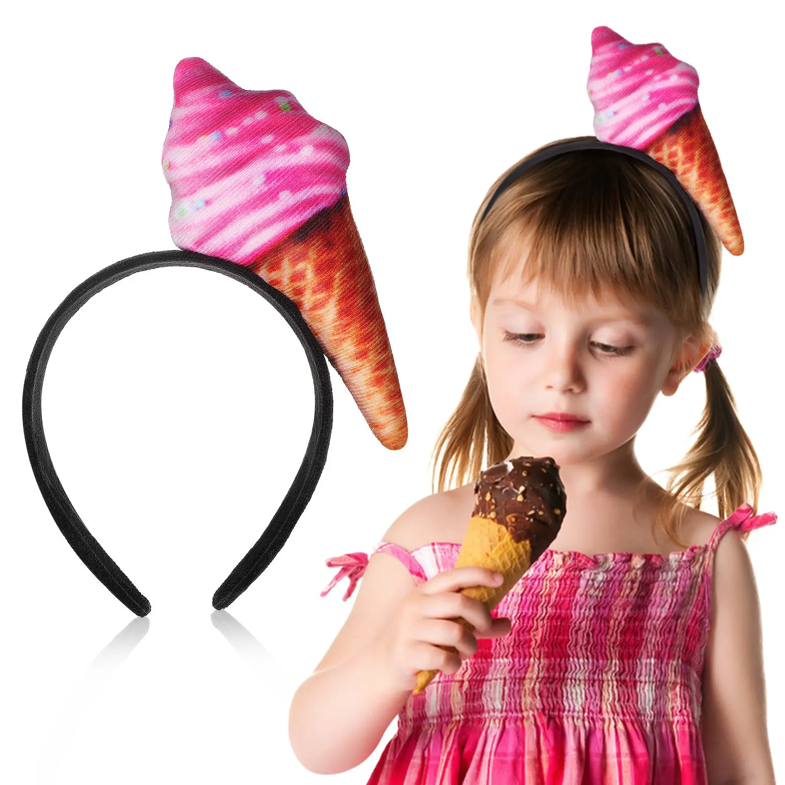 2Pcs Ice Cream Headband Fun Simulation Cone Design for Party Makeup Washing Spa Hair Decorations Women Halloween Headpiece
