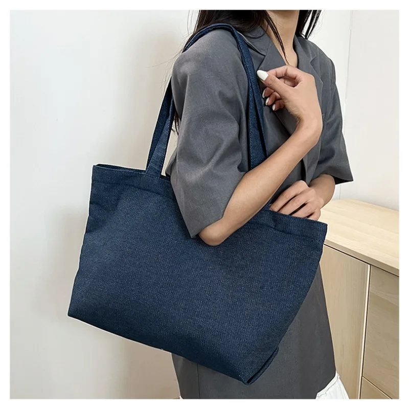 Custom Logo Solid Color Women's Shoulder Bag Large Capacity Portable Ladies Shopping Bag Retro Denim Girls Book Tote Handbags