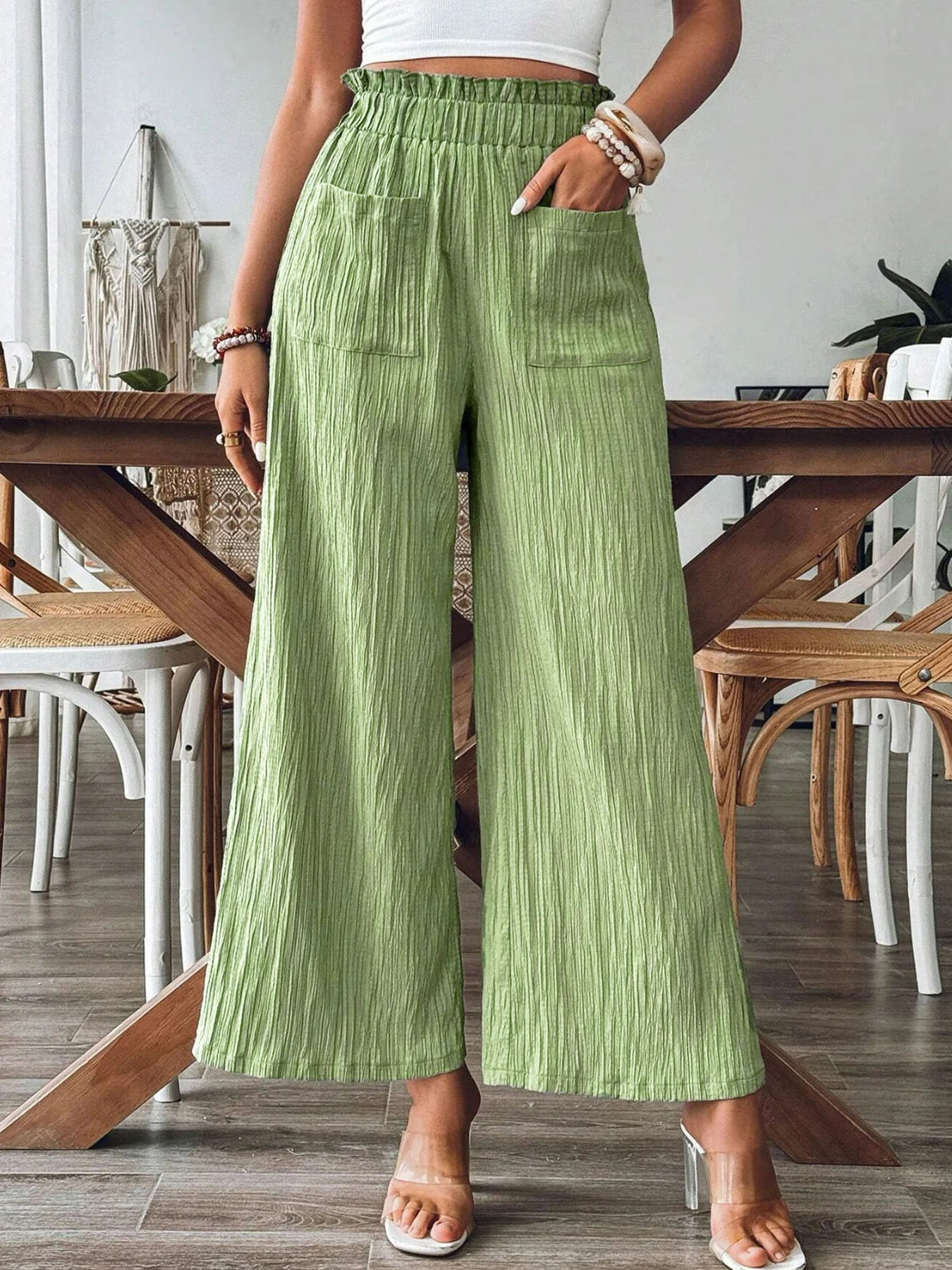 2025 Pantalones casuales de estilo urbano de color sólido para mujer con cintura elástica y pliegues, pierna recta, para uso de oficina