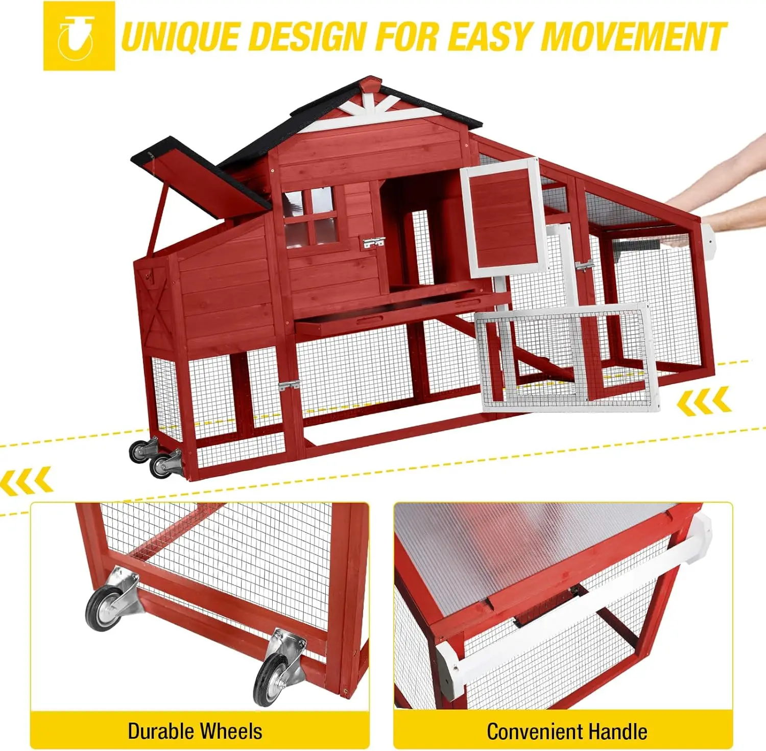 

Курятник Открытый мобильный куриный домик для 2-4 курицы Деревянный куриный домик 73,3 дюйма L Клетка для птицы с гнездом, пуль