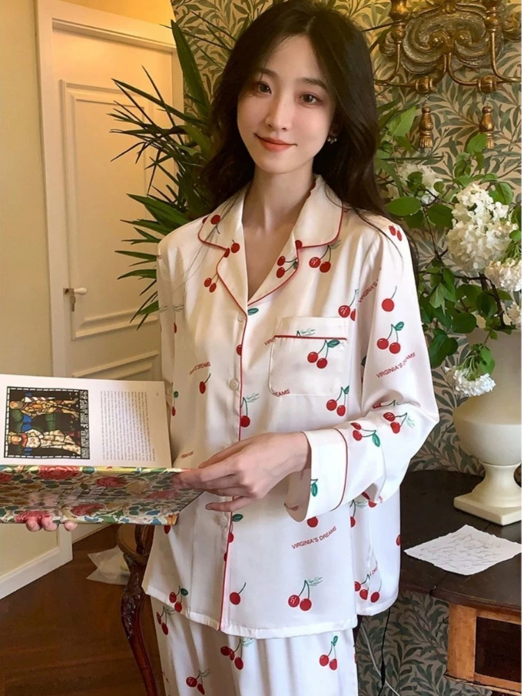 Korean Fashion Women Silk Sleepwear Long Sleeve Tops Pants Pajama Sets Luxury Loungewear Two Piece Sets Spring Autumn Sleepwear