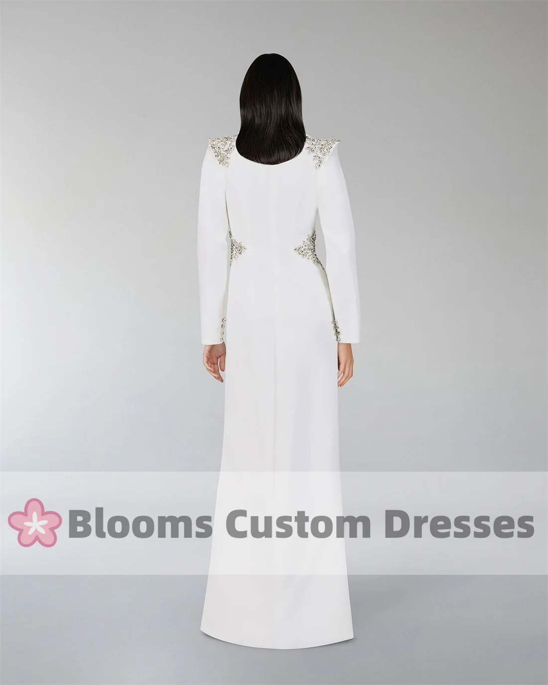 Blooms Customized Deep V-Neck Buttons Shiny Sequin Crystal Evening Dresses Crepe Long Sleeves Prom Dress Wedding Party Gown