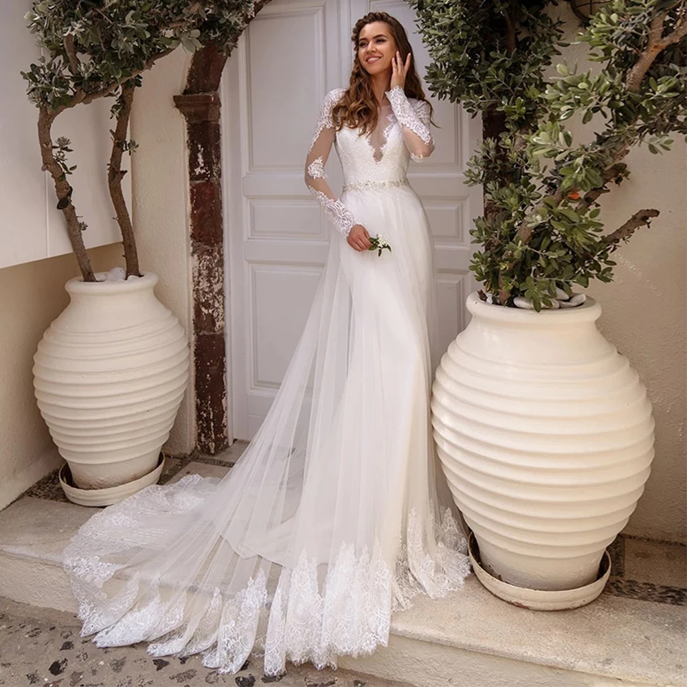 Abito da sposa a sirena a maniche lunghe di lusso personalizzato per le donne Abito da sposa senza schienale con applicazioni con strascico staccabile in tulle 2025