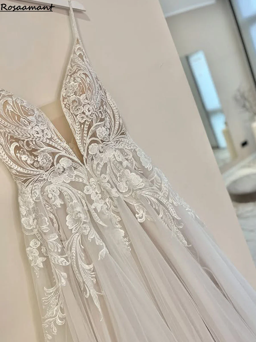 Romantic Lace Scoop Wedding Party Dresses For Bride A Line Foor Length Backless Women Boho White Bridal Gown