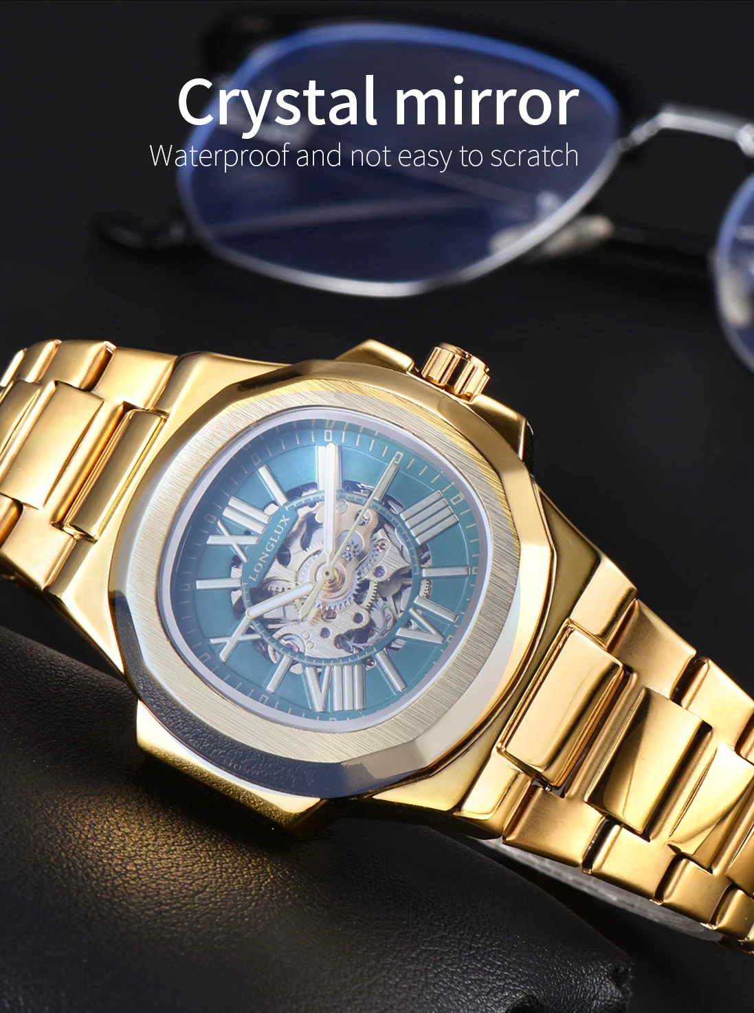 LONGLUX HOT SALE NEW Automatic Mechanical Men Watch Rome Business Waterproof Skeleton Luminous Stainless Steel Gift Watch