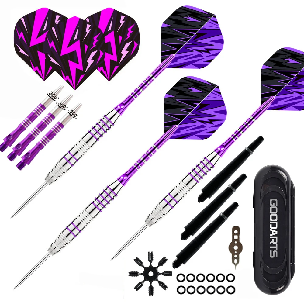 

3 фиолетовых дротика с металлическими наконечниками, профессиональные дротики для соревнований и тренировок, алюминиевые стержни с защитой от падений и аксессуарами для хранения