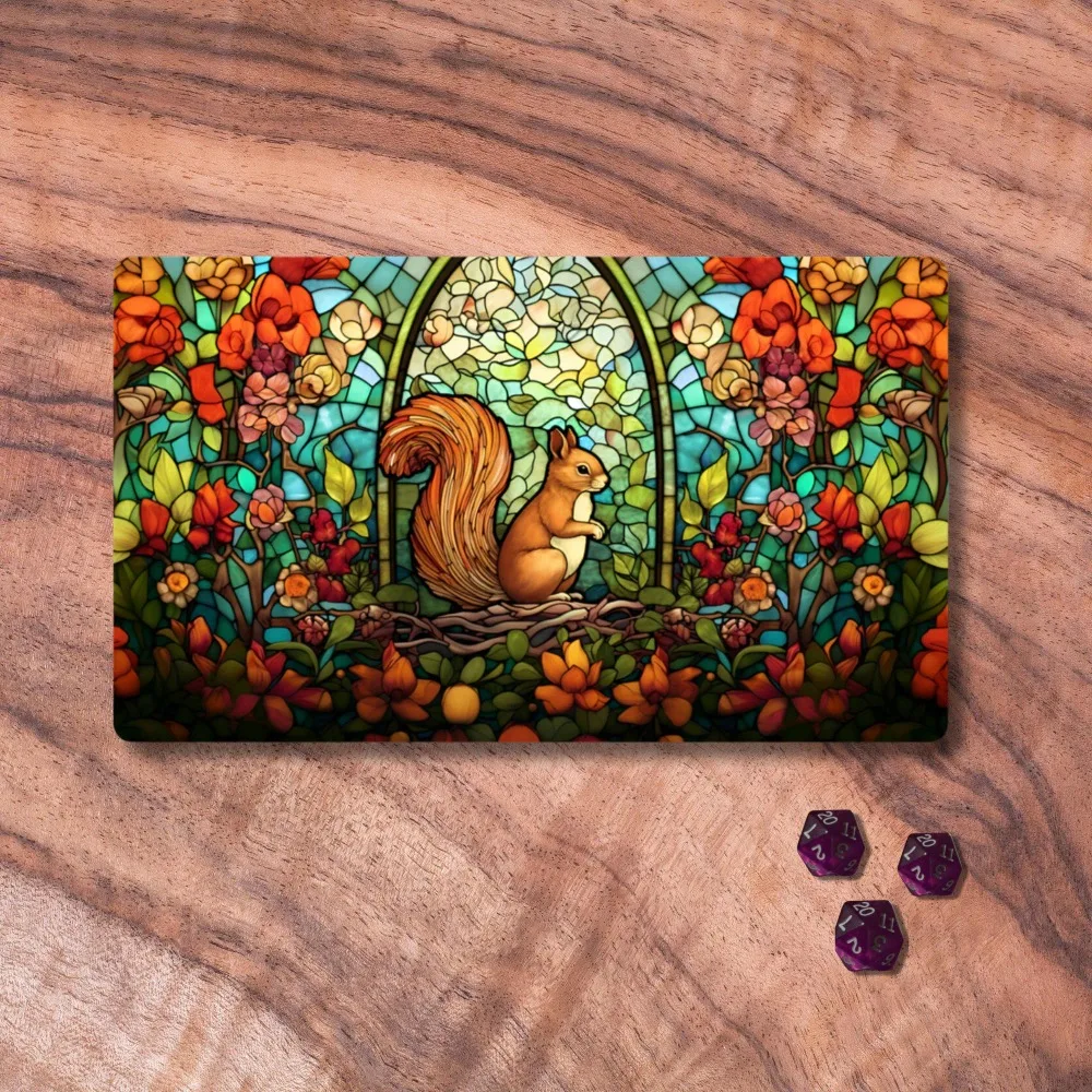CCG Playmat Squirrel, Stained Glass Themed TCG Playmat Available With or Without Zones, Woodland Forest Themed TCG Playmat