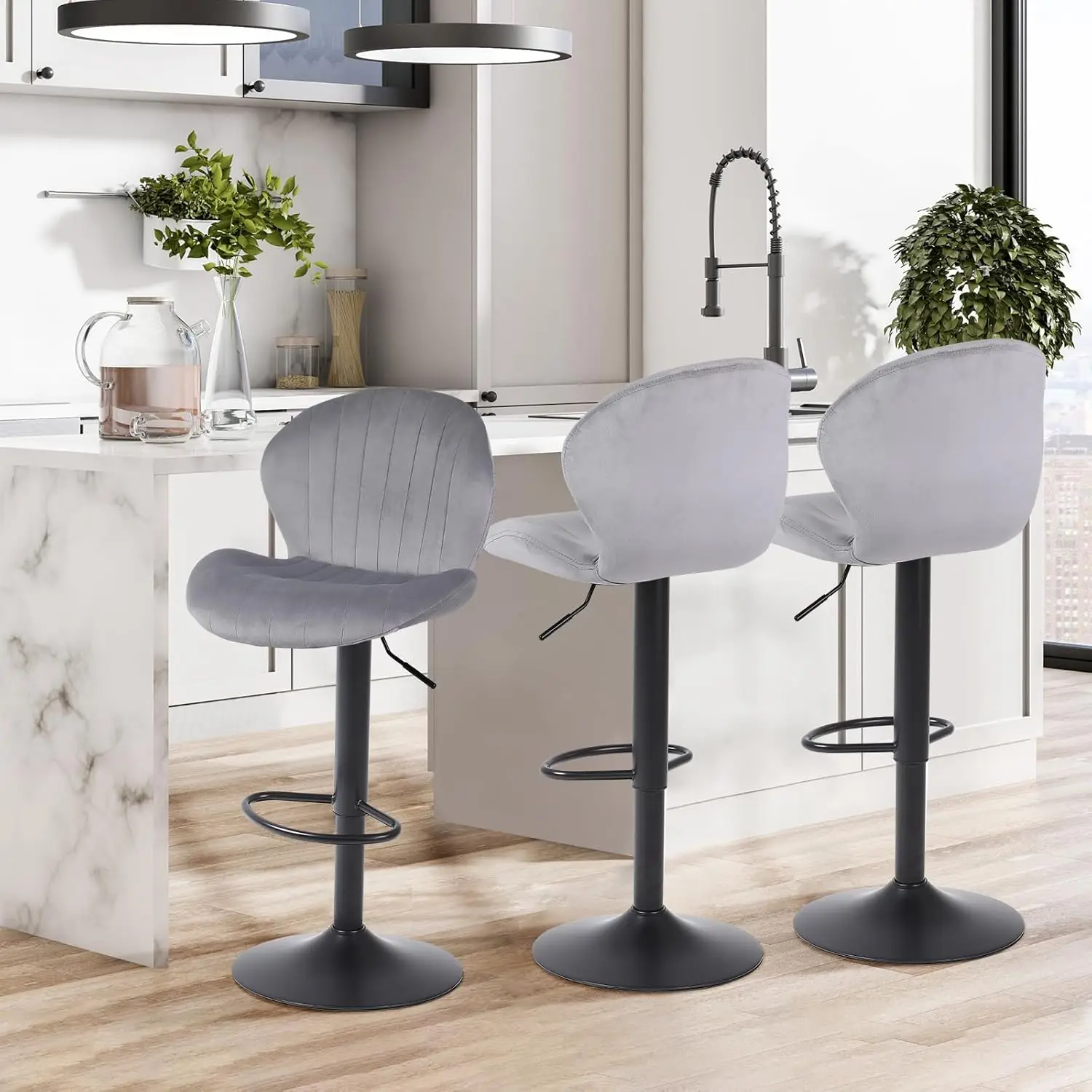 

Modern Bar Stools Set of 3, Velvet Height Adjustable Swivel Barstools, Armless Kitchen Island Counter Chairs with Back & Footres