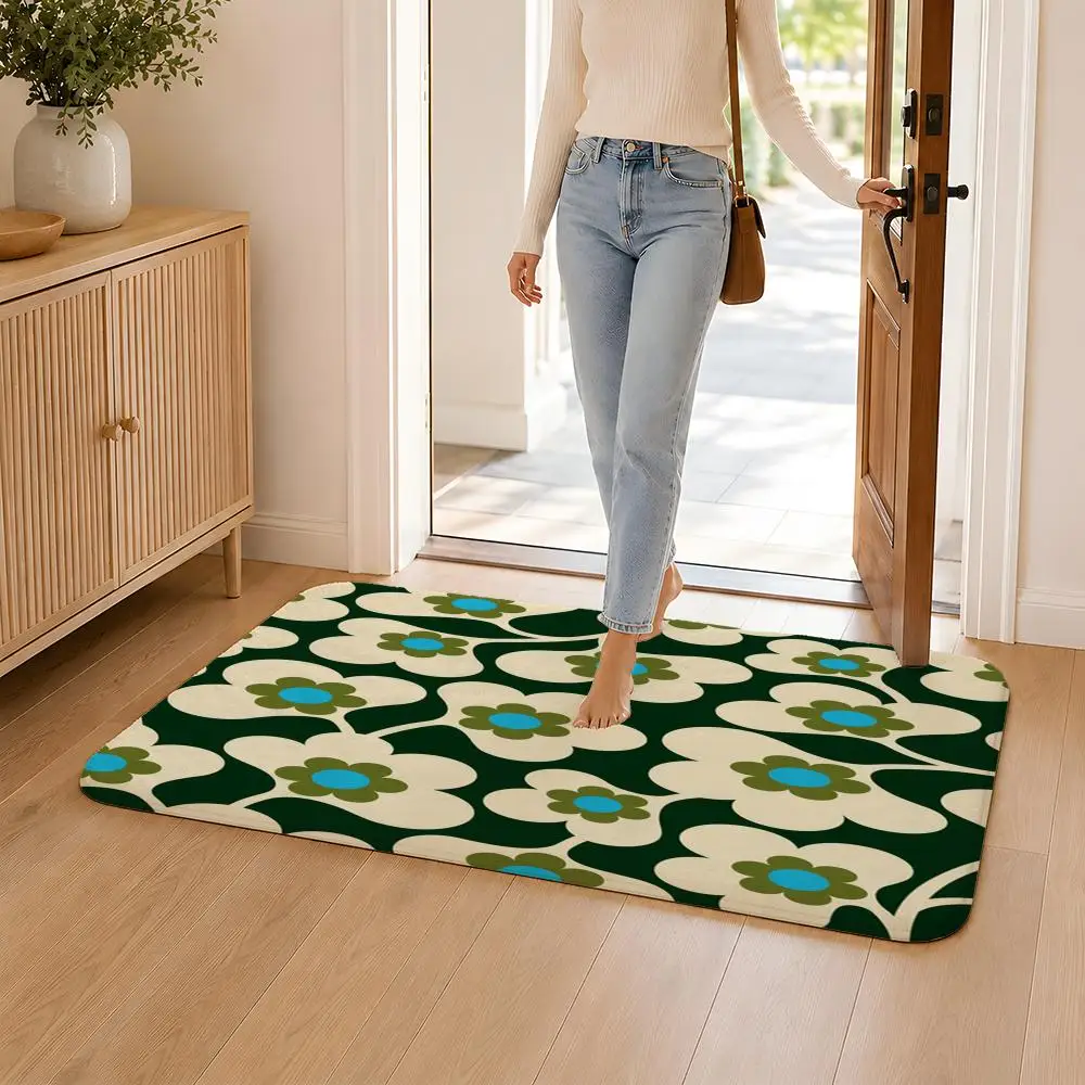O-Orla Kiely Flower Floor Mat Flannel Rug Non Slip Absorbent Soft Washable For Entryway Hallway Bathroom Kitchen Decor