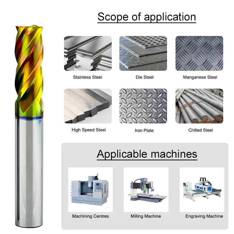 AZZKOR HRC80 High Hardness Milling Cutter 4-Flute Tungsten Steel Carbide Colorful Coating Flat End Mills CNC Machining Tools