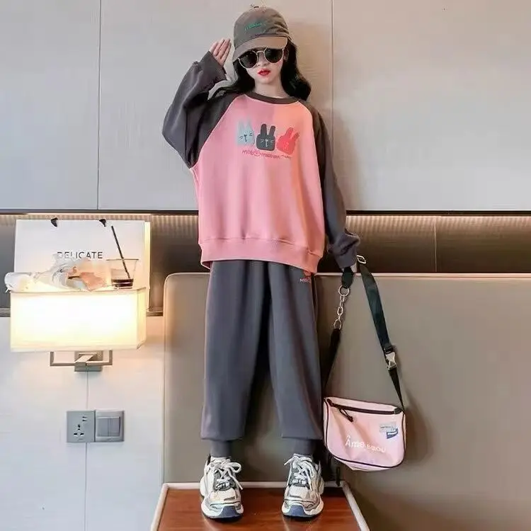 Повседневная одежда Teeange для девочек от 5 до 14 лет, новинка 2023 года, осень-весна, модные брючные костюмы с длинными рукавами, комплект детской одежды