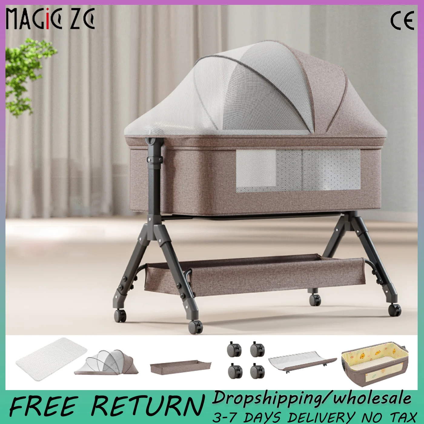 

Foldable Baby Bed Crib with Wheels & Storage Basket, 3-Height Adjustable Bassinet, Anti-Choke Design, Removable Washable Mattres