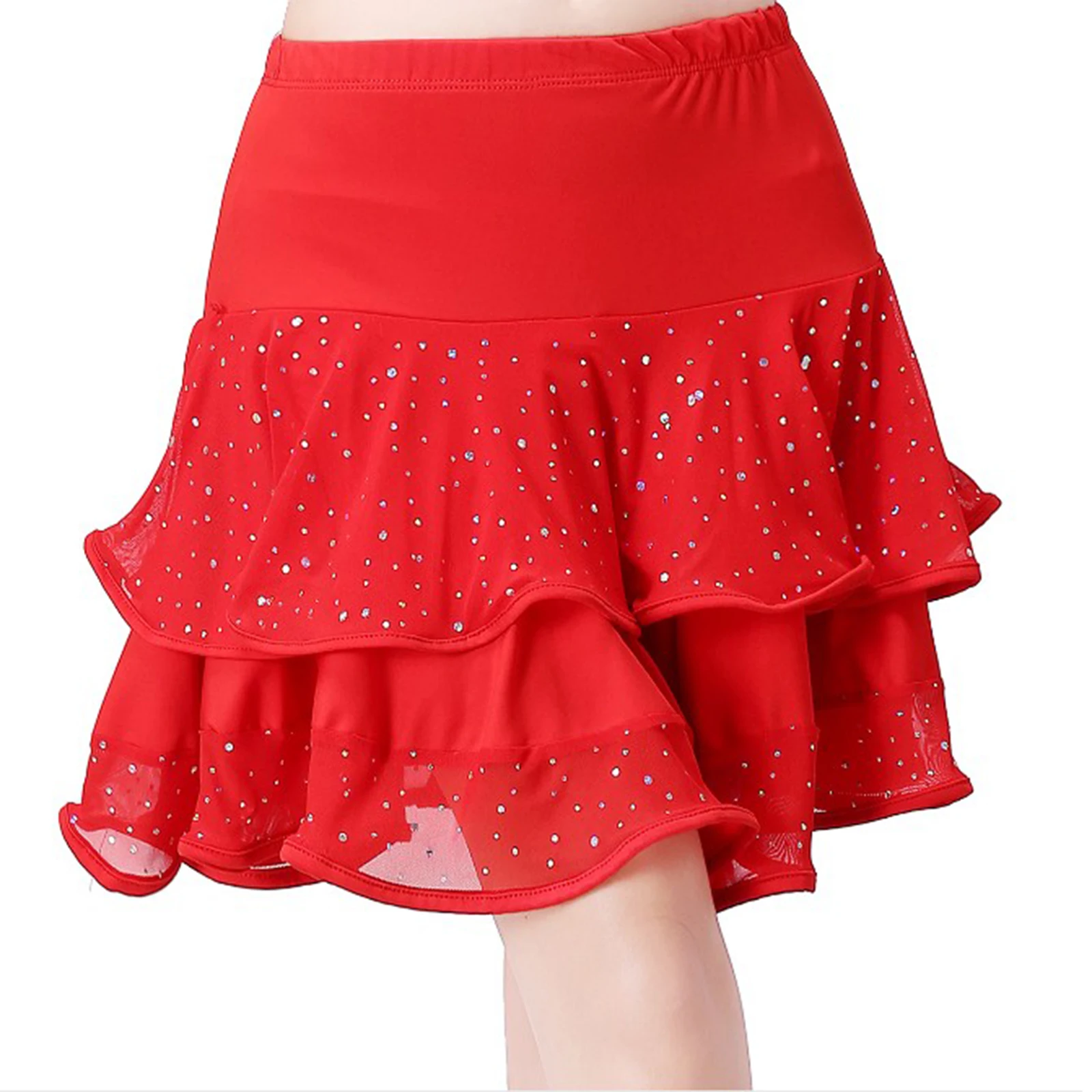 Falda de baile de Jazz latino con lentejuelas para mujer, falda brillante de cintura alta con dobladillo con volantes escalonados, falda oscilante de loto para traje de baile español Chacha Salsa