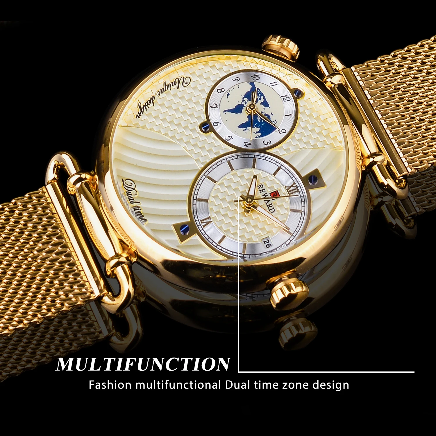 REWARD Gold Watches Men Multiple Time Zone Display Quartz Wristwatch Business Clock Man Luxury Watch
