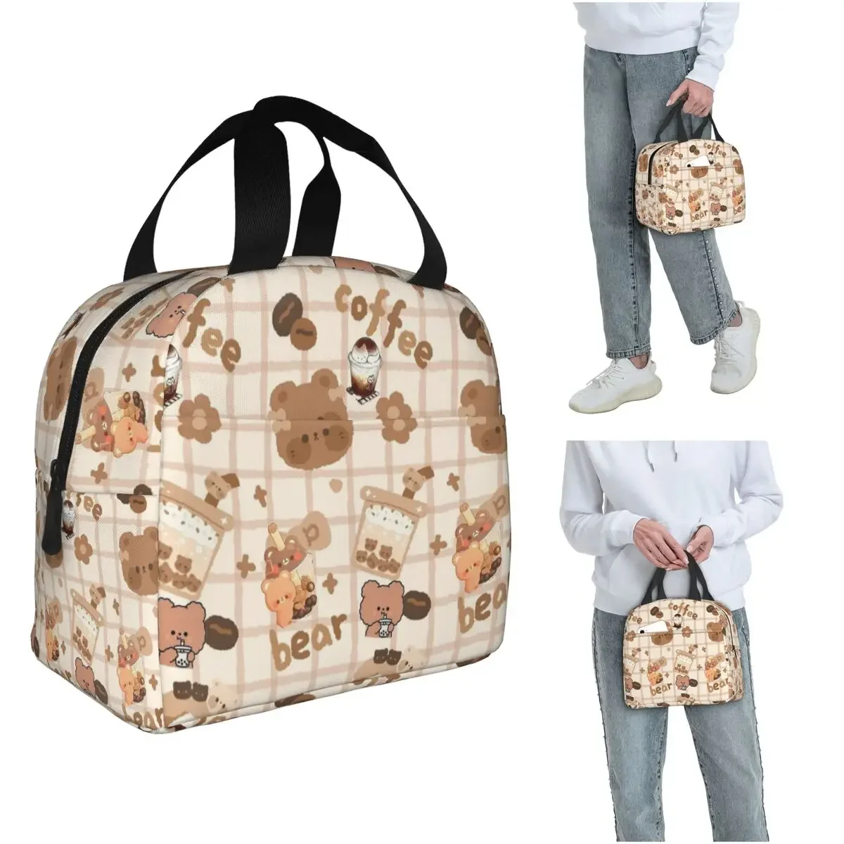 Cute Bear Coffee Dessert Pattern Insulated Lunch Bag for Women Kids Leakproof Food Boxes Thermal Lunch Box Tote