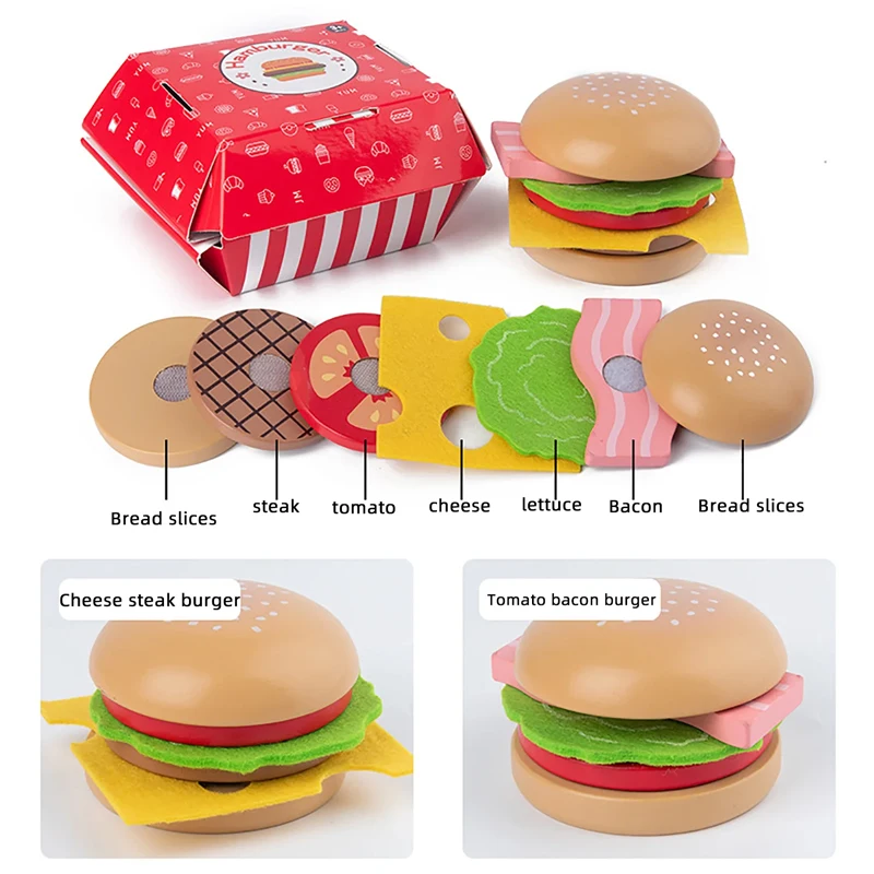 Hamburger De Madeira Play House Set, Simulação Comida, Faça Você Mesmo, Jogo De Cozinha, Brinquedos Educativos, Interação, Presente