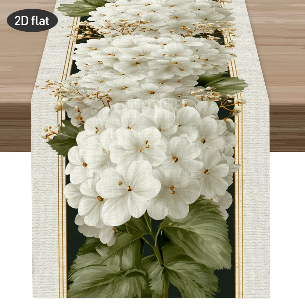 White Hydrangea Golden Ray Table Runner - French Romantic Summer Floral Cover for Wedding Party Kitchen Dining Table Decor