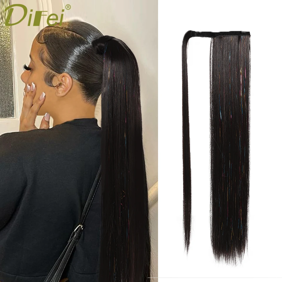 

DIFEI Synthetic Wig Hook And Loop Straight Ponytail Female Colorful Laser Hair Chemical Fiber Heat-resistant High Ponytail