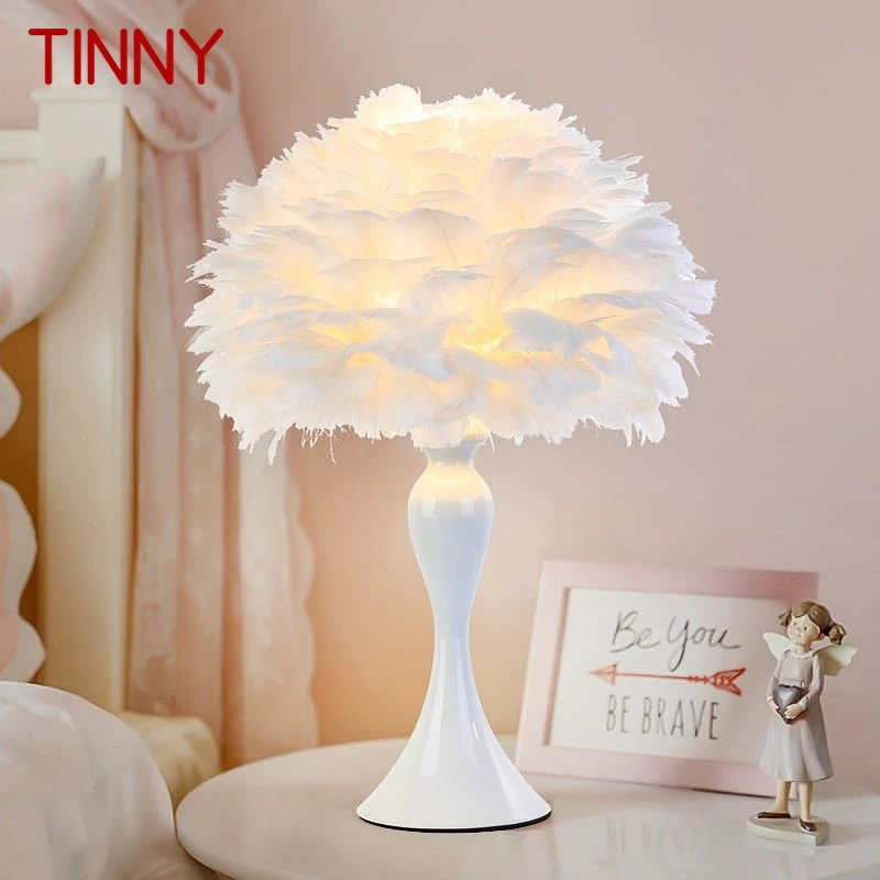 TINNY Modern Table Lamp LED Creative Design Fashion White Feather Desk Light for Home Living Room Girl‘s Bedroom Bedside Decor